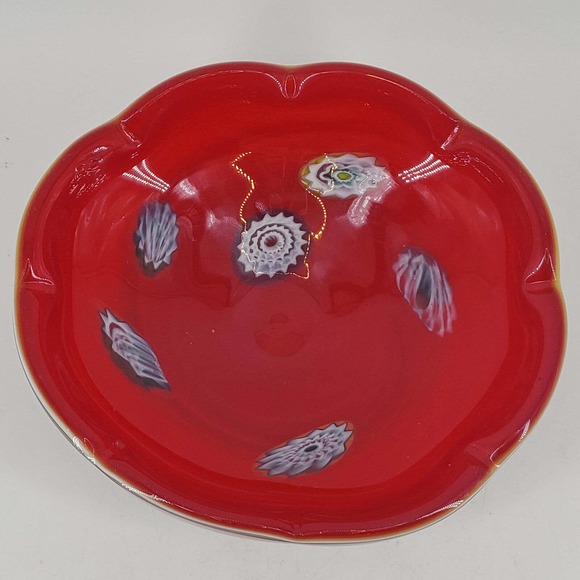 VINTAGE MURANO RED MILLEFIORI CASED ART GLASS ASHTRAY CANDY DISH BOWL.